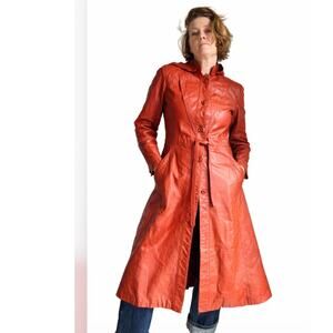 Vintage 70s Leather Duster Coat Orange Size Small Retro Statement Outerwear